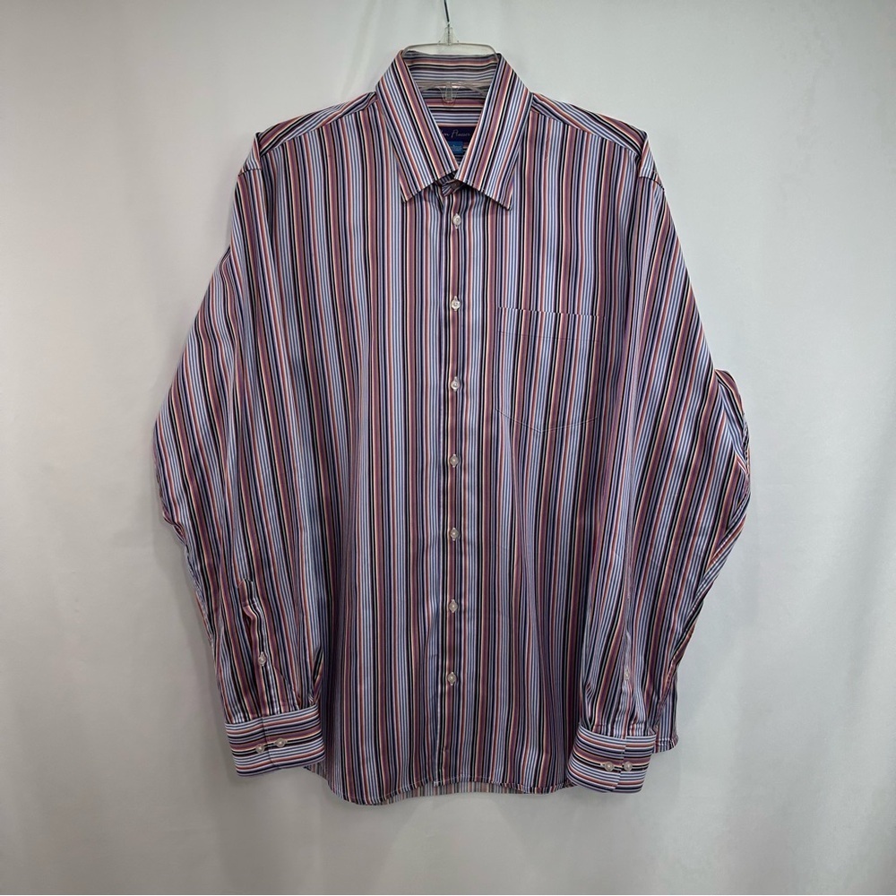 Alan Flusser Men’s Purple Striped Button Down Shirt Long Sleeve Cotton Size L